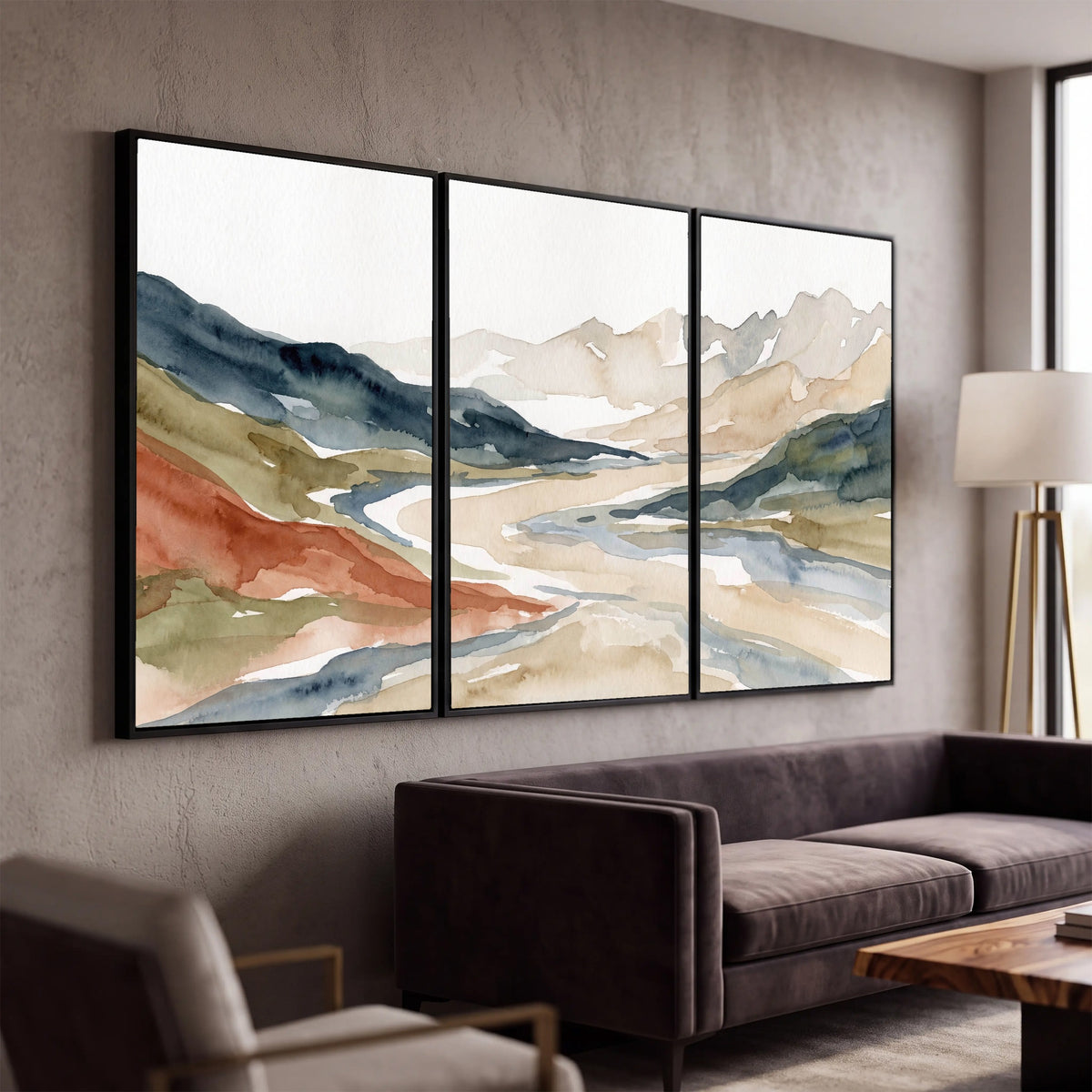 Watercolor mountain valley painting 3 piece framed canvas in a modern living room