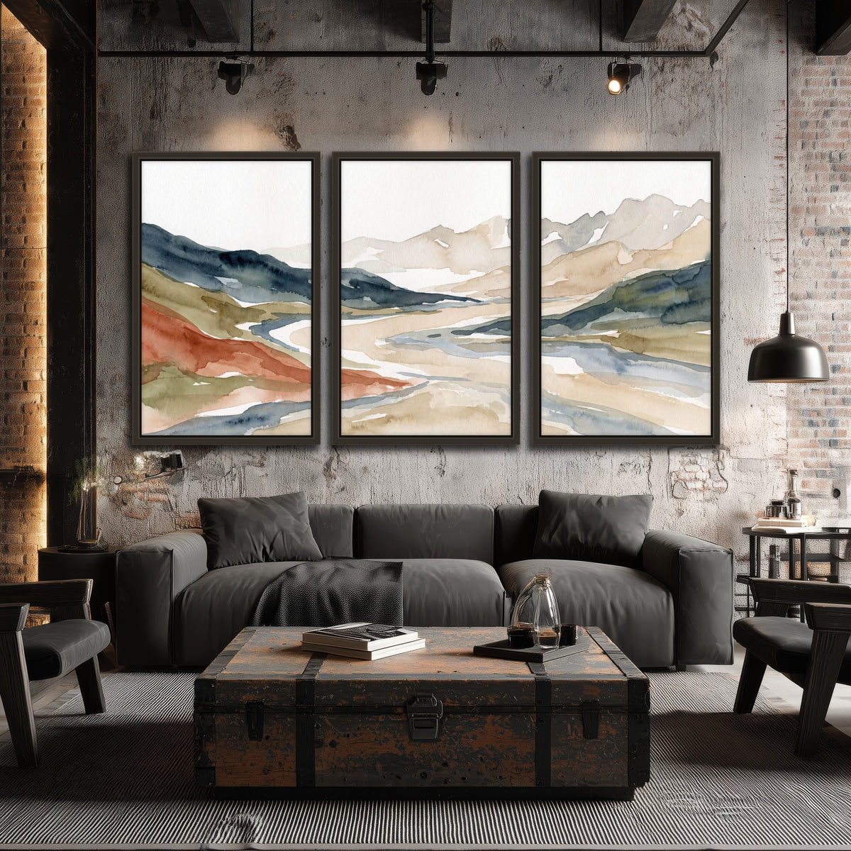 Watercolor mountain valley painting 3 piece framed canvas in an industrial loft