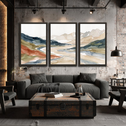 Watercolor mountain valley painting 3 piece framed canvas in an industrial loft