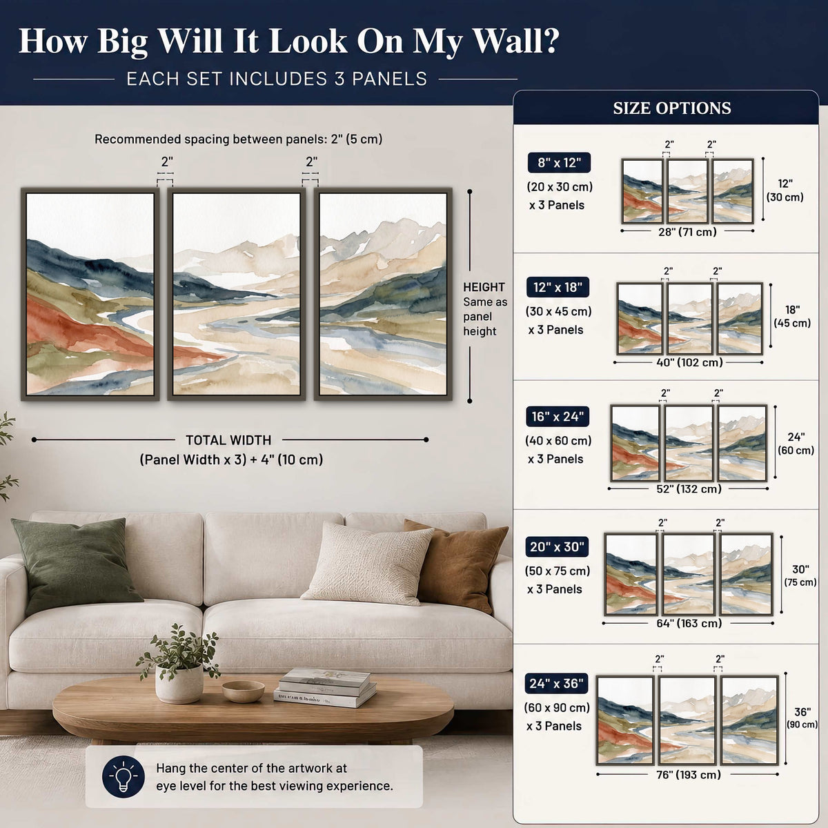 Watercolor mountain valley painting 3 piece framed canvas size guide above a sofa