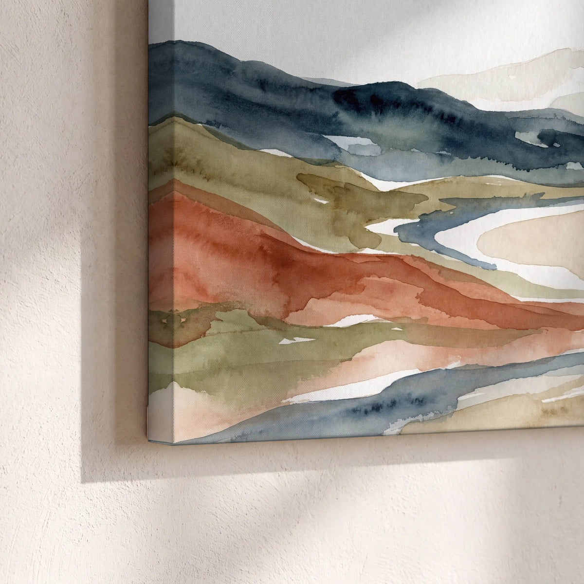 Watercolor mountain valley painting canvas print close-up showing the gallery-wrapped edge
