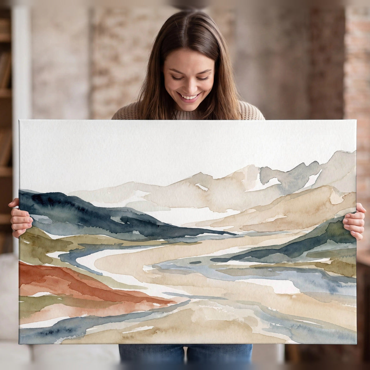 Watercolor mountain valley painting canvas wall art held in hands