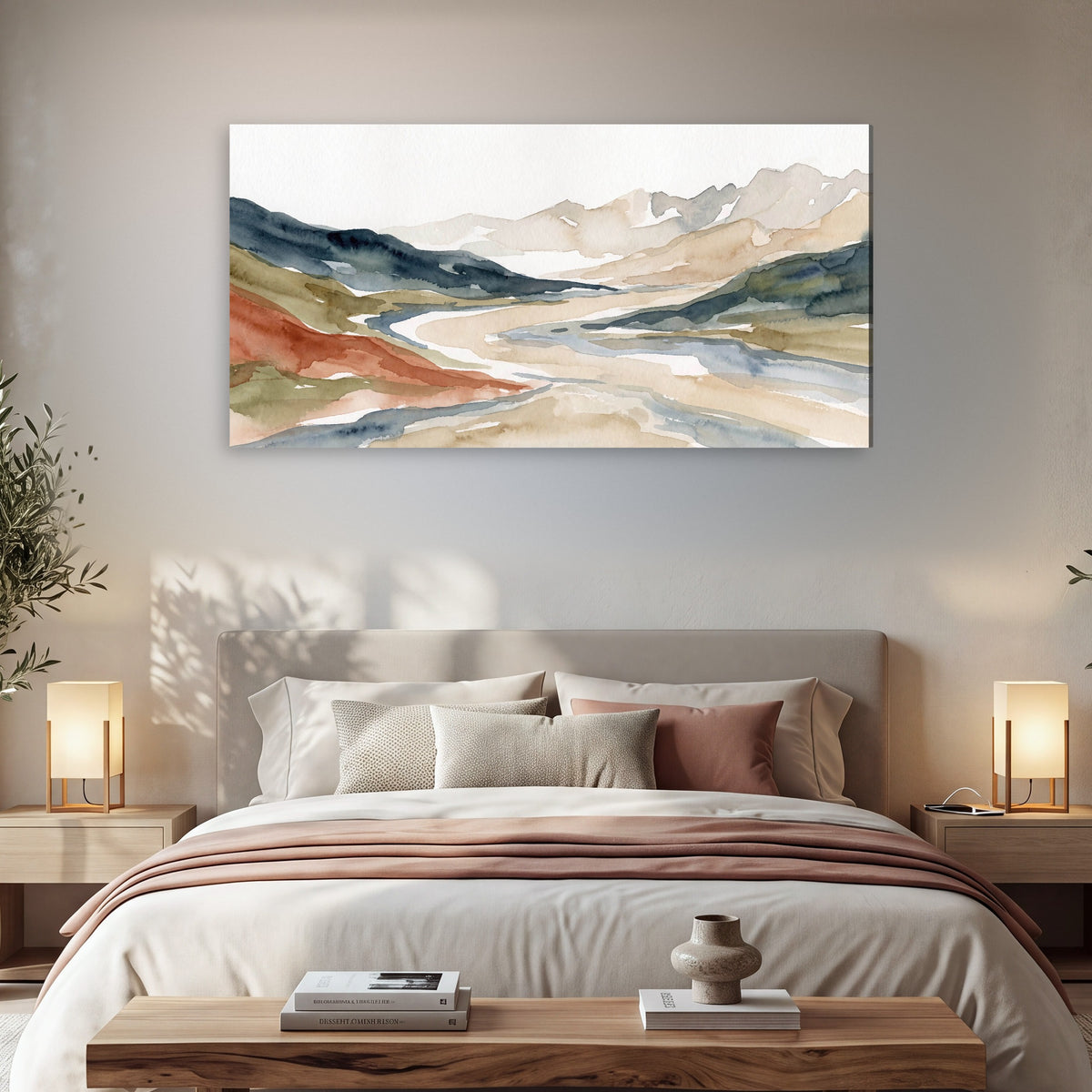 Watercolor mountain valley painting canvas wall art in a bedroom above the bed