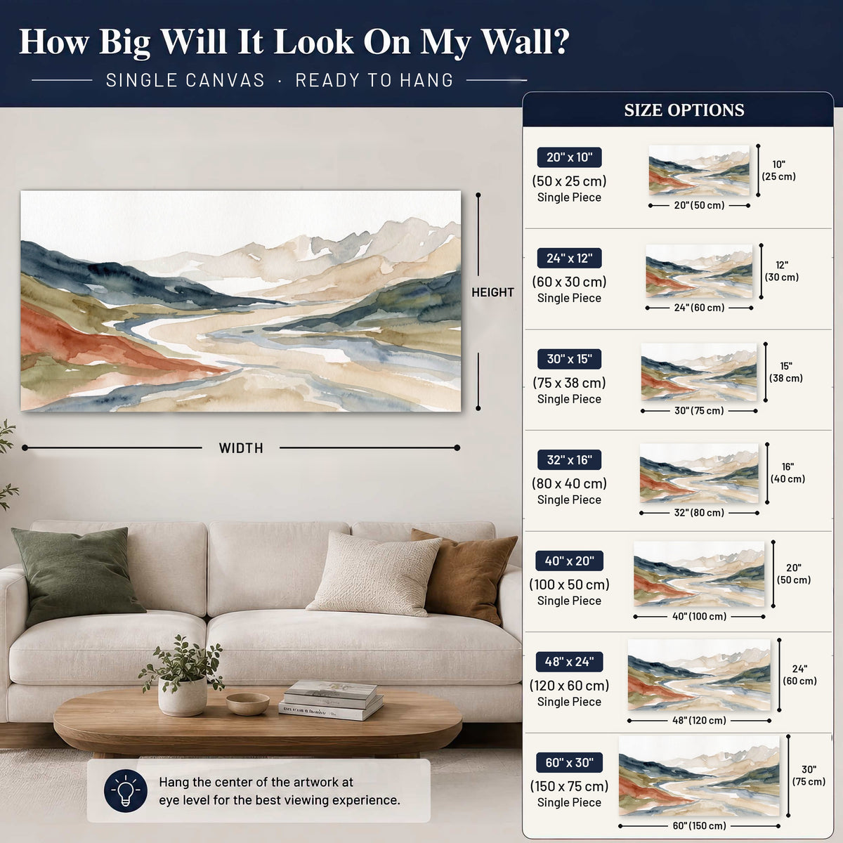 Watercolor mountain valley painting canvas wall art size guide above a sofa