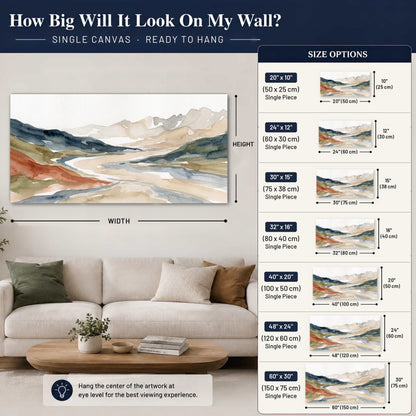 Watercolor mountain valley painting canvas wall art size guide above a sofa