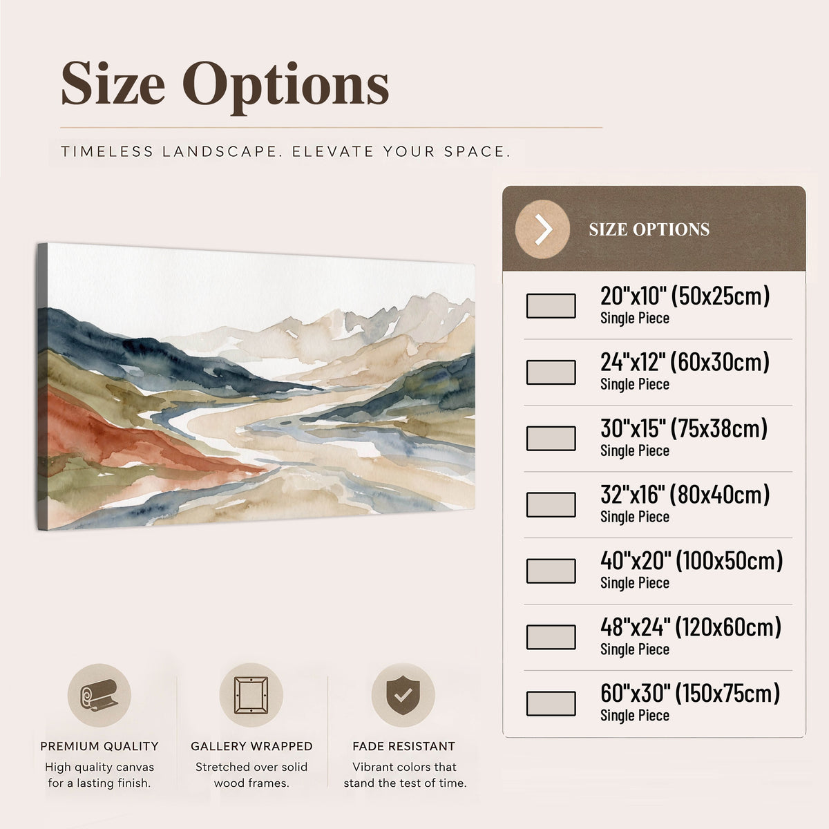 Watercolor mountain valley painting canvas wall art size options