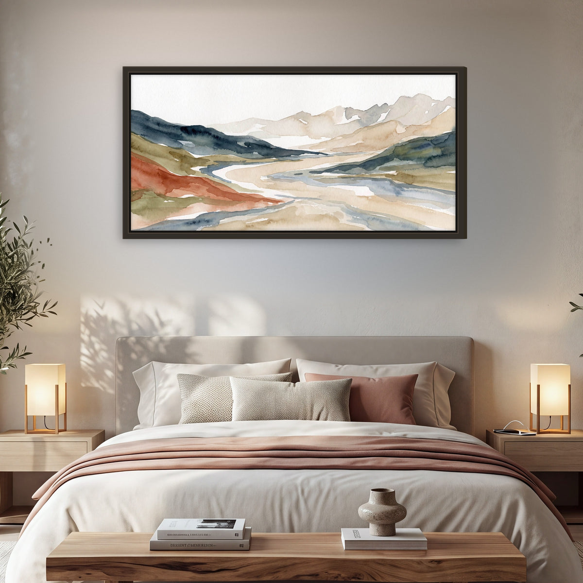 Watercolor mountain valley painting framed canvas wall art in a bedroom above the bed