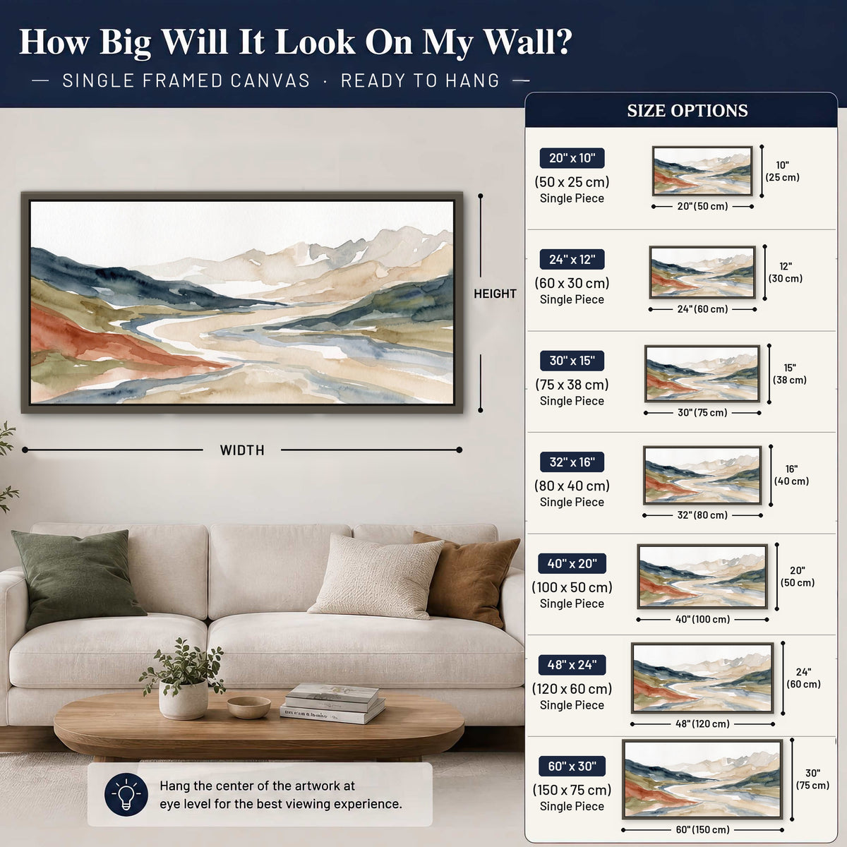 Watercolor mountain valley painting framed canvas wall art size guide above a sofa