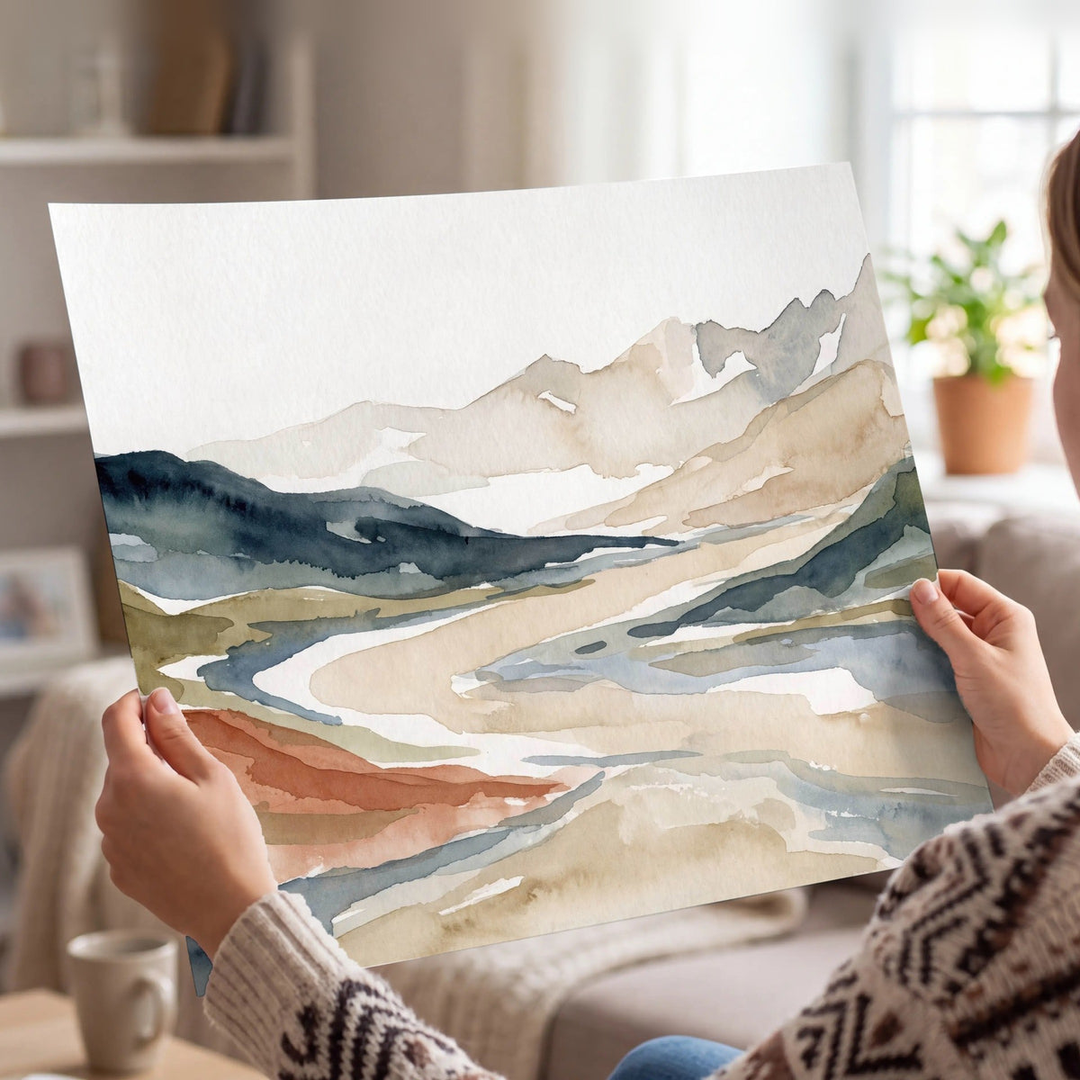 Watercolor mountain valley painting poster print held in hands