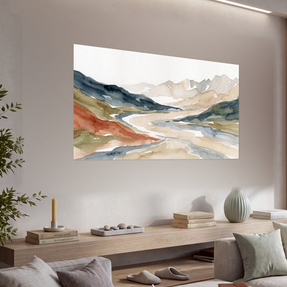 Watercolor mountain valley painting poster print in a living room above a console
