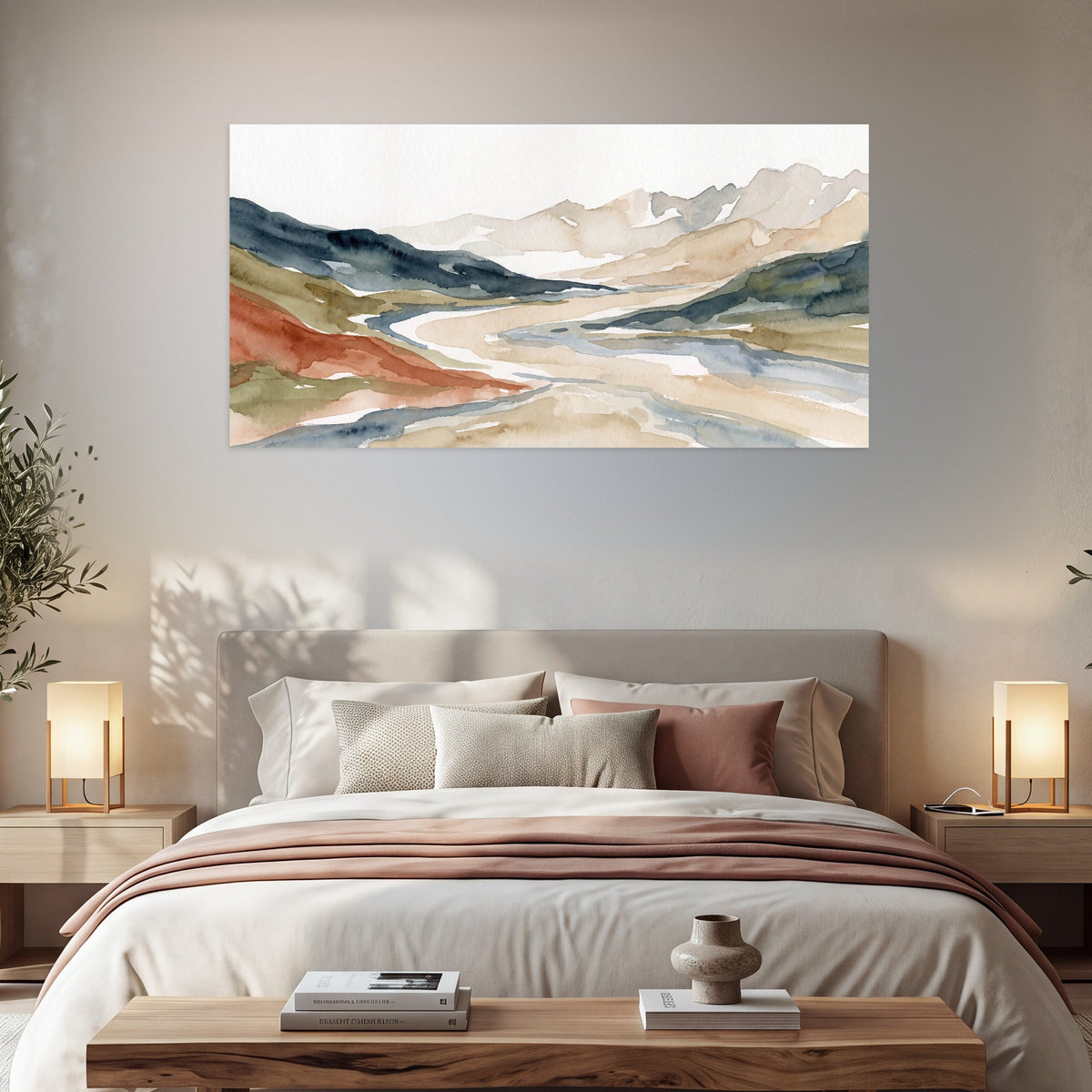 Watercolor mountain valley painting poster print in a bedroom above the bed