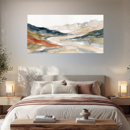 Watercolor mountain valley painting poster print in a bedroom above the bed