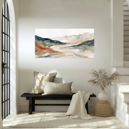 Watercolor mountain valley painting poster print in an entryway above a bench