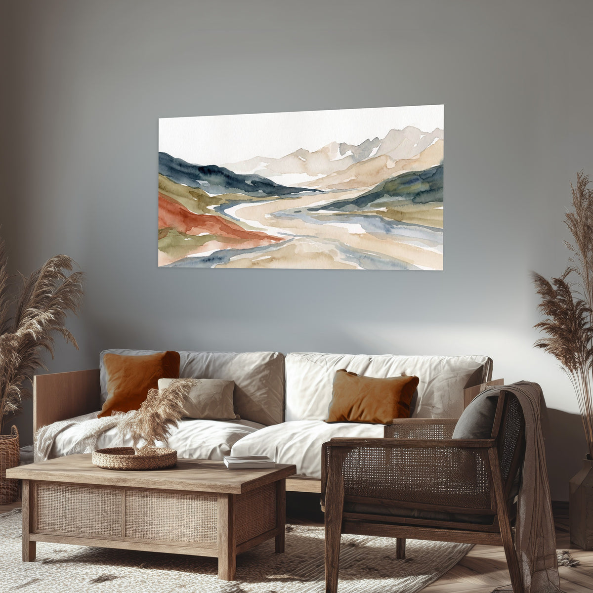Watercolor mountain valley painting poster print in a rustic living room