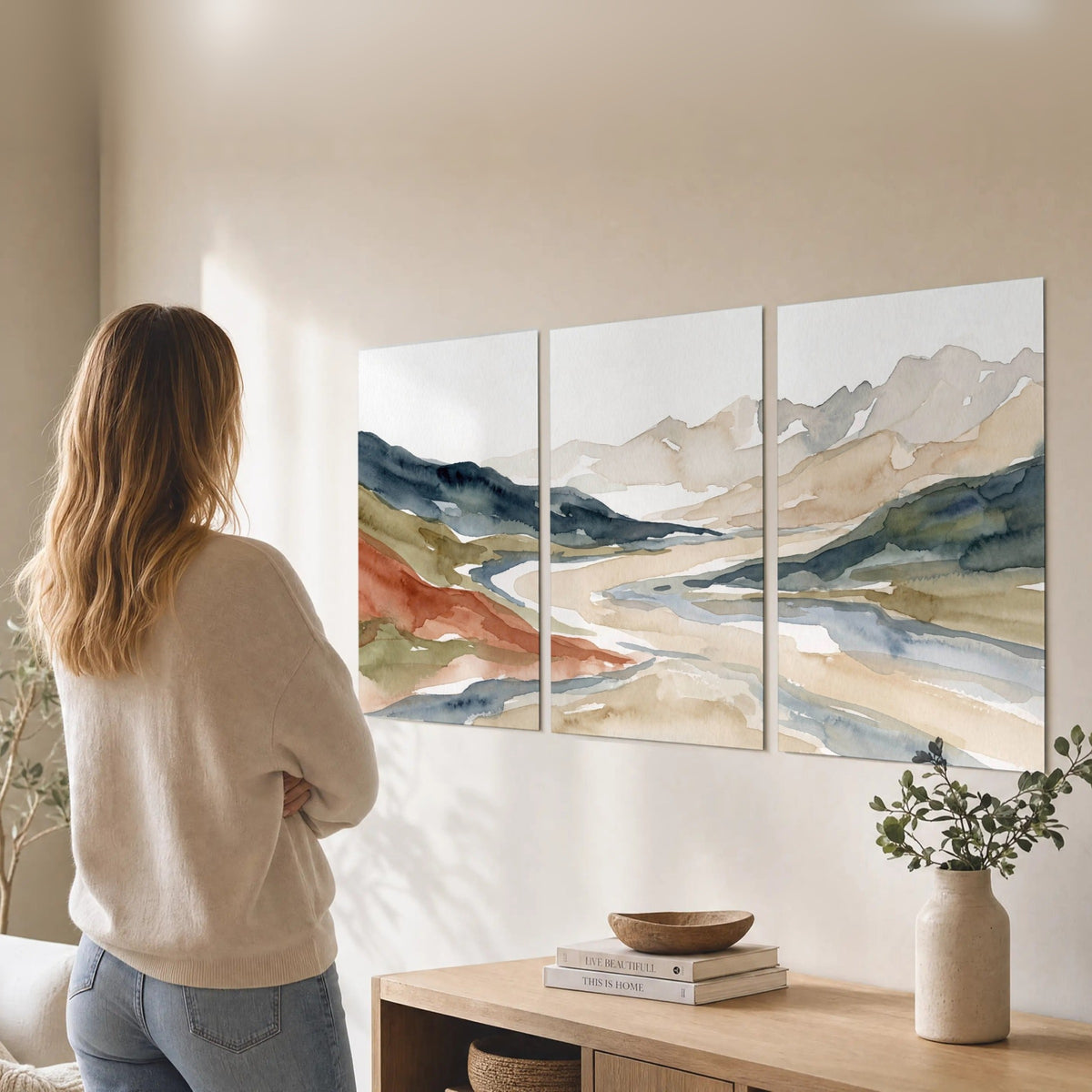 Watercolor mountain valley painting set of 3 poster prints in a living room