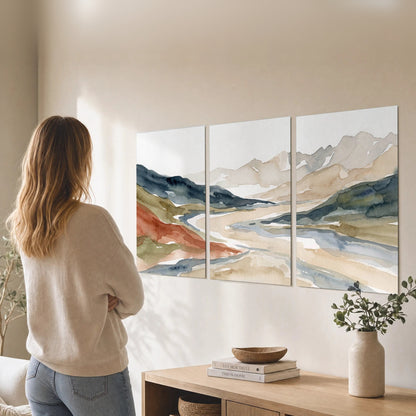 Watercolor mountain valley painting set of 3 poster prints in a living room