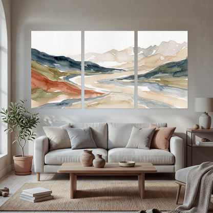 Watercolor mountain valley painting set of 3 poster prints in a bright living room