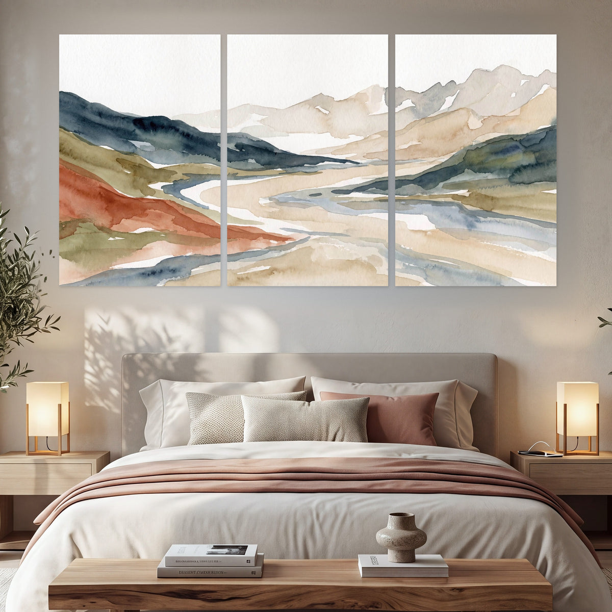 Watercolor mountain valley painting set of 3 poster prints in a bedroom above the bed