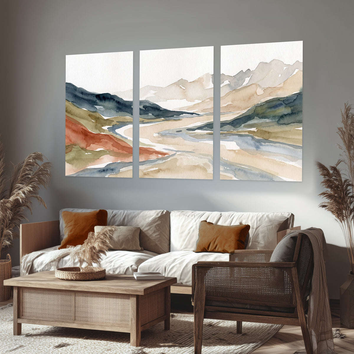 Watercolor mountain valley painting set of 3 poster prints in a rustic living room