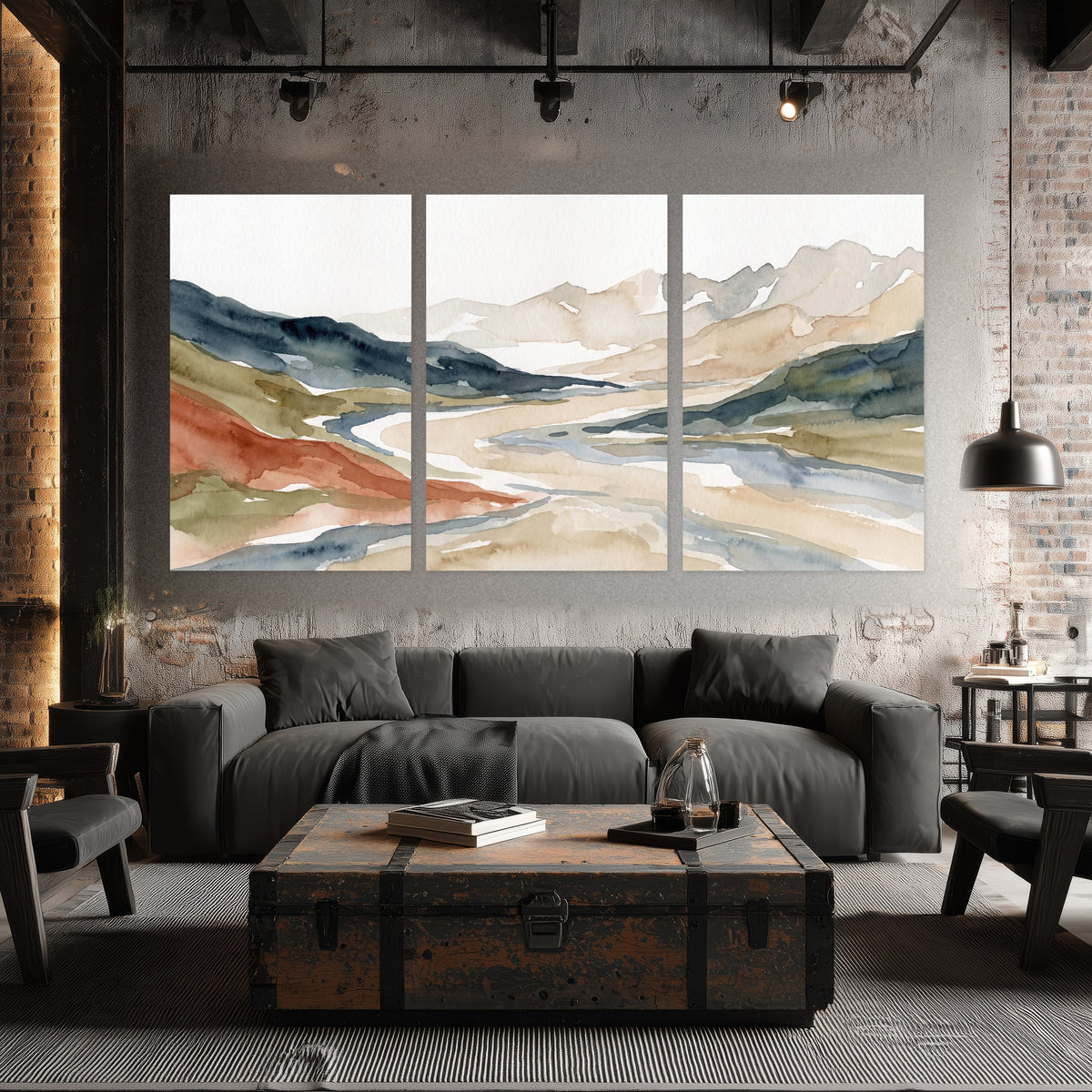 Watercolor mountain valley painting set of 3 poster prints in an industrial loft