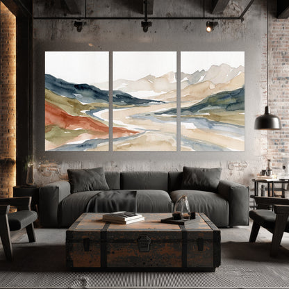 Watercolor mountain valley painting set of 3 poster prints in an industrial loft