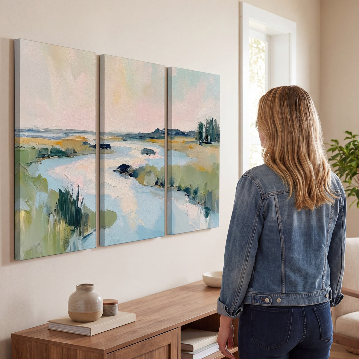 Pastel marsh river painting 3 piece canvas wall art in a living room