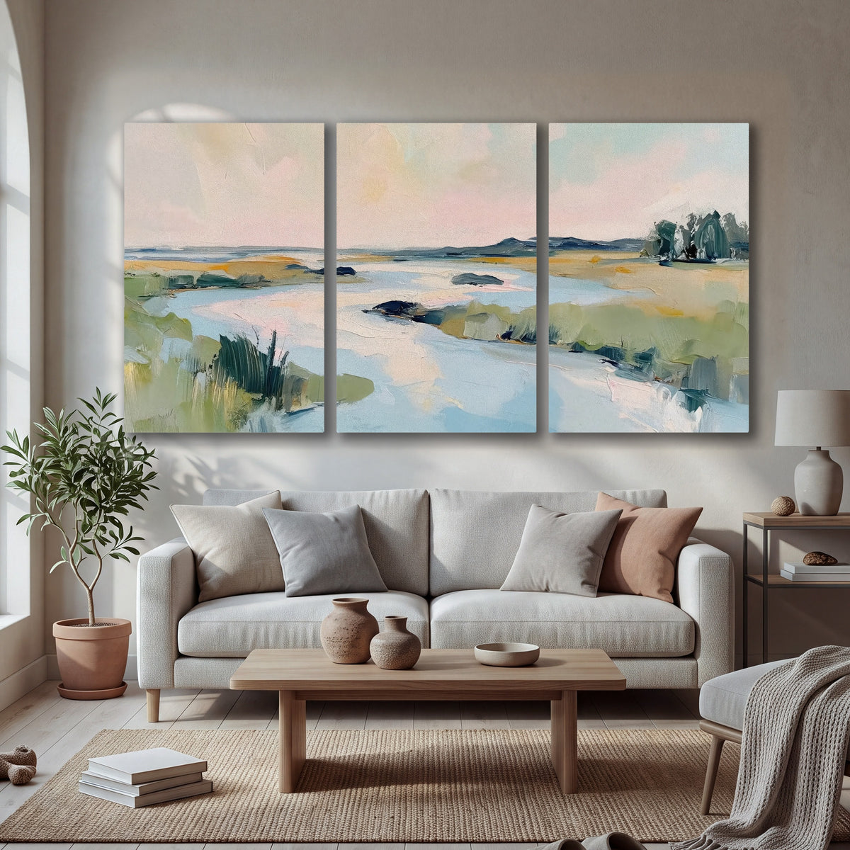 Pastel marsh river painting 3 piece canvas wall art in a bright living room