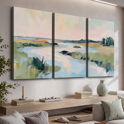 Pastel marsh river painting 3 piece canvas wall art in a living room above a console
