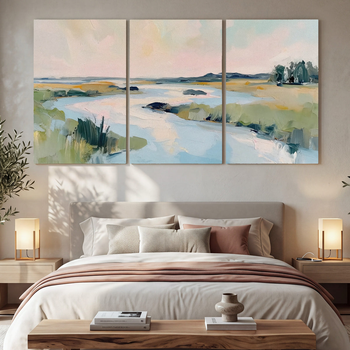 Pastel marsh river painting 3 piece canvas wall art in a bedroom above the bed