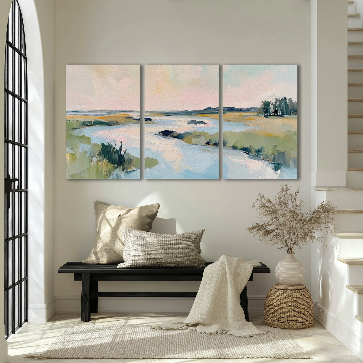 Pastel marsh river painting 3 piece canvas wall art in an entryway above a bench
