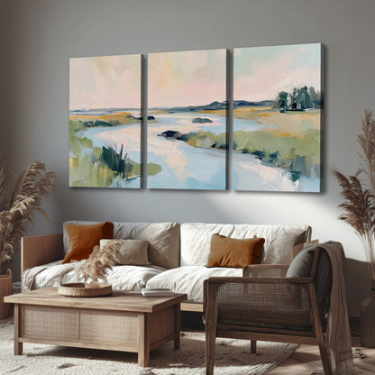 Pastel marsh river painting 3 piece canvas wall art in a rustic living room