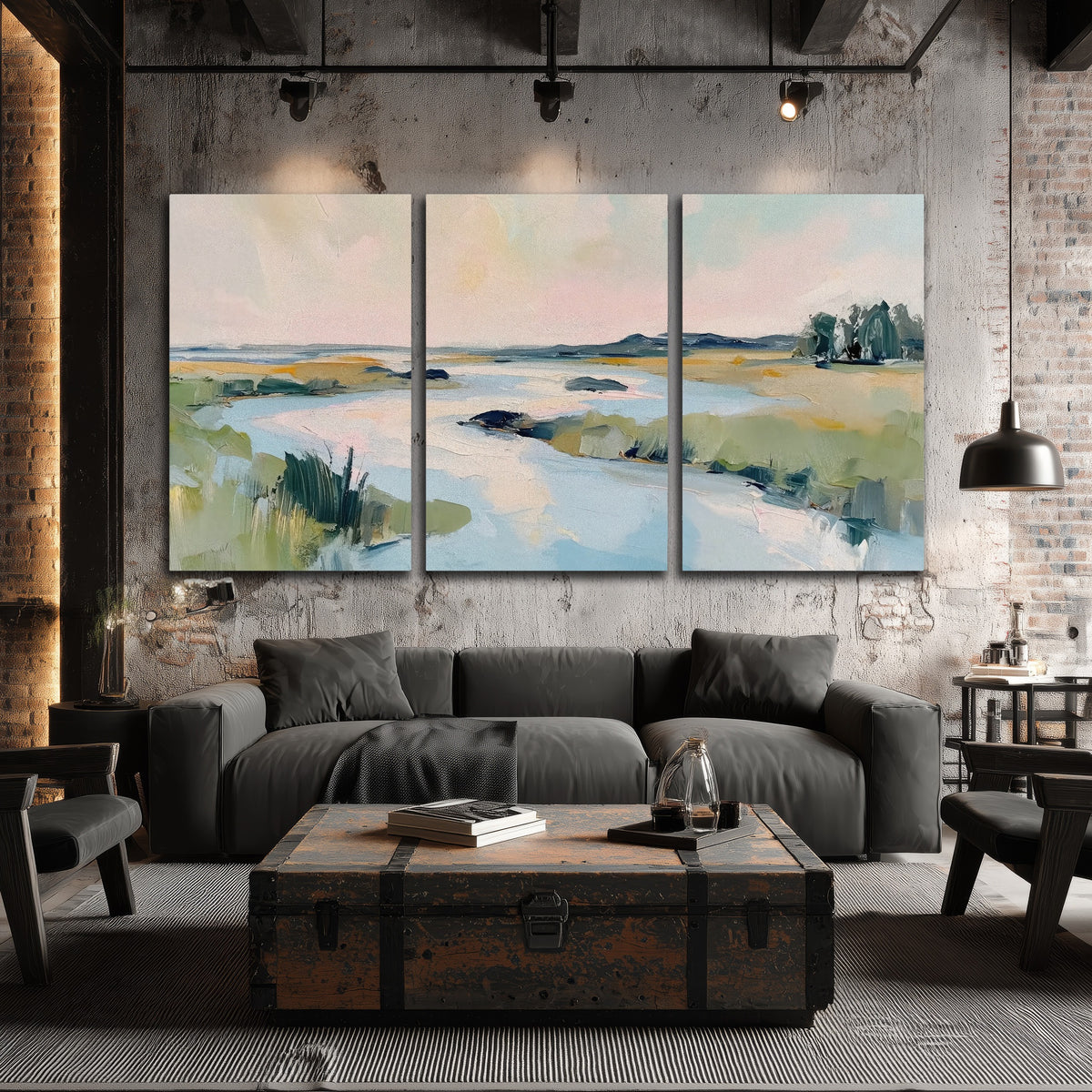 Pastel marsh river painting 3 piece canvas wall art in an industrial loft