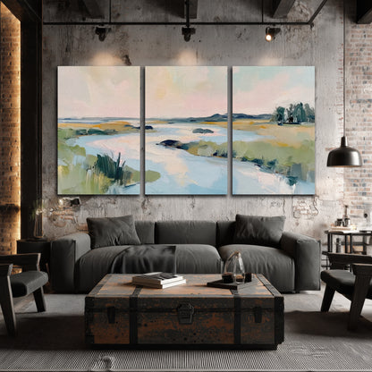 Pastel marsh river painting 3 piece canvas wall art in an industrial loft