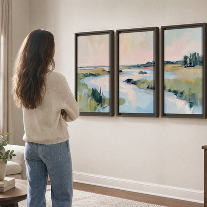 Pastel marsh river painting 3 piece framed canvas in a living room