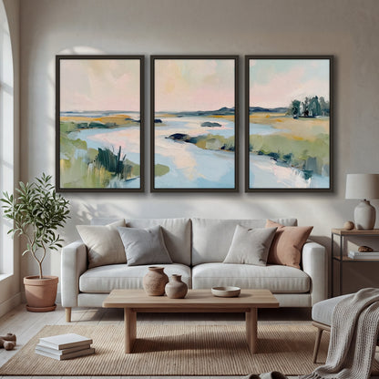 Pastel marsh river painting 3 piece framed canvas in a bright living room