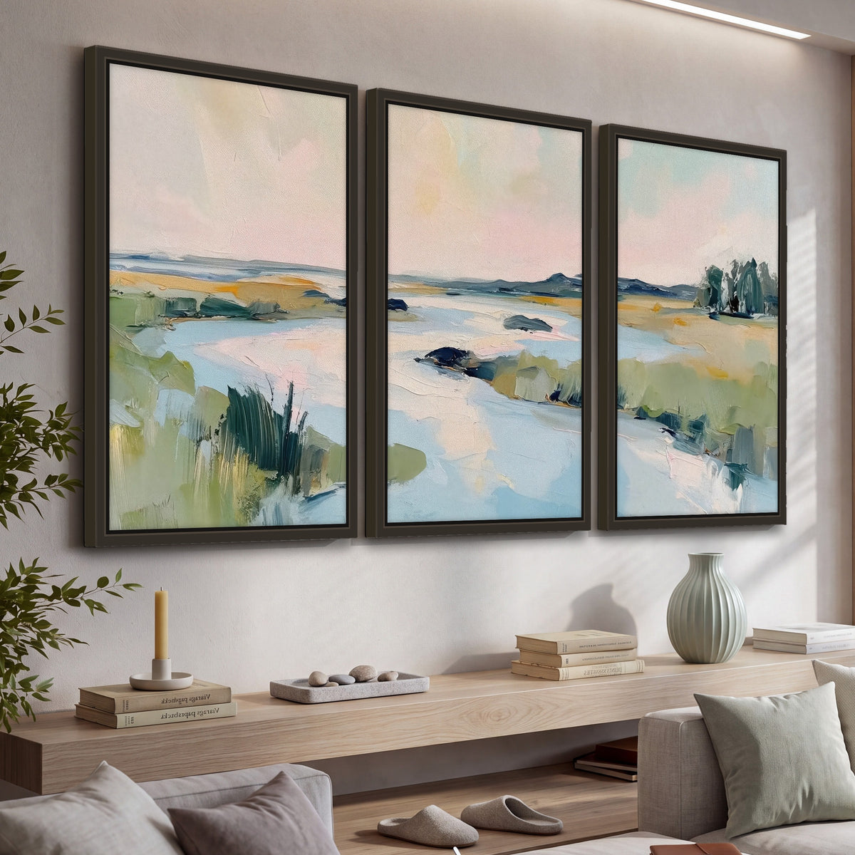 Pastel marsh river painting 3 piece framed canvas in a living room above a console