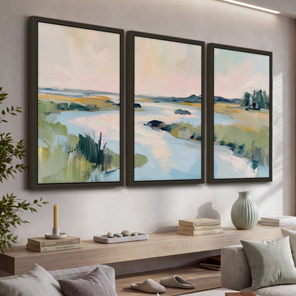 Pastel marsh river painting 3 piece framed canvas in a living room above a console