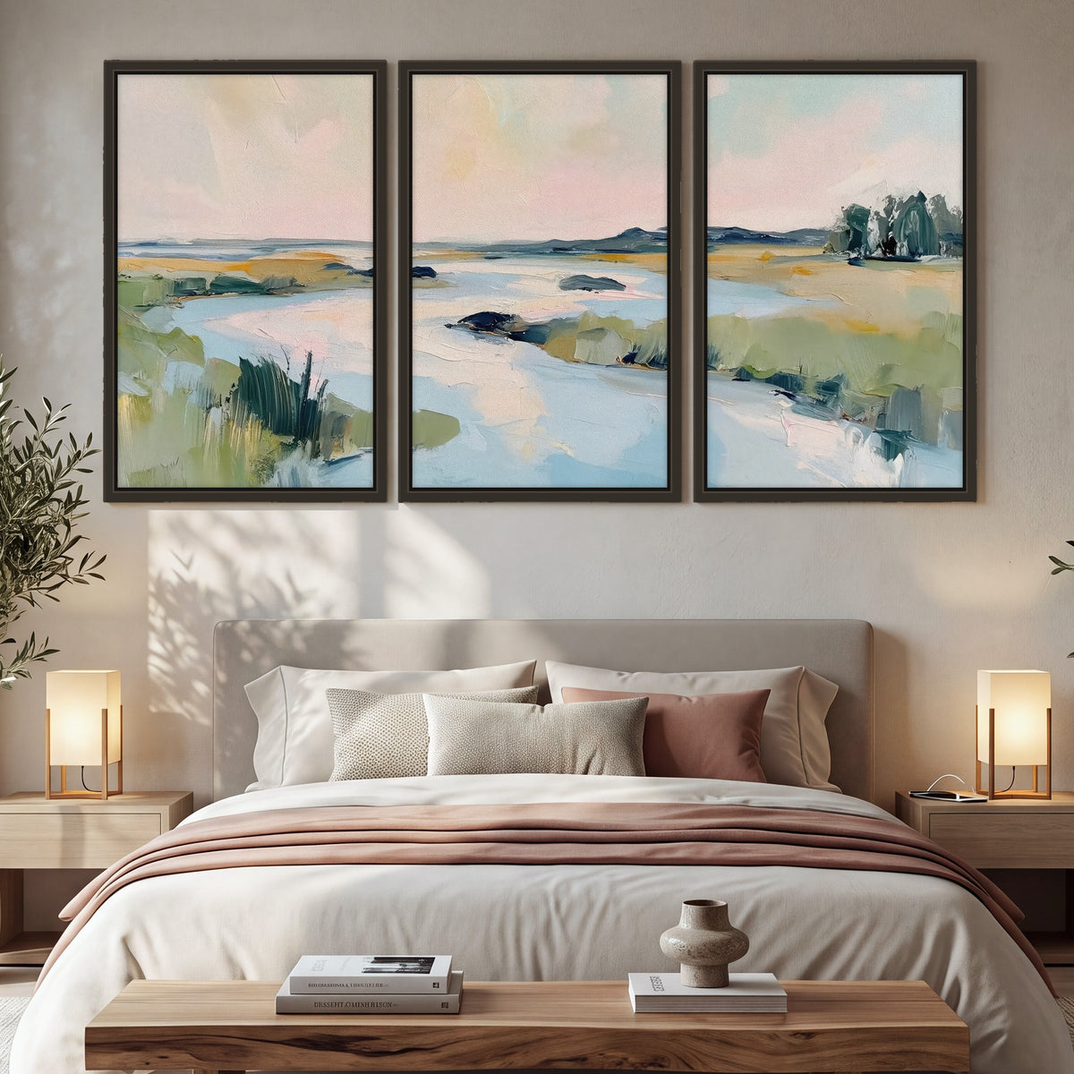 Pastel marsh river painting 3 piece framed canvas in a bedroom above the bed