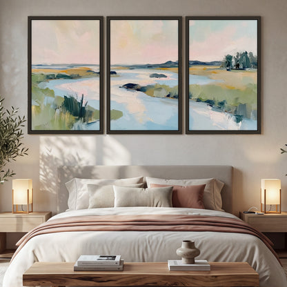 Pastel marsh river painting 3 piece framed canvas in a bedroom above the bed