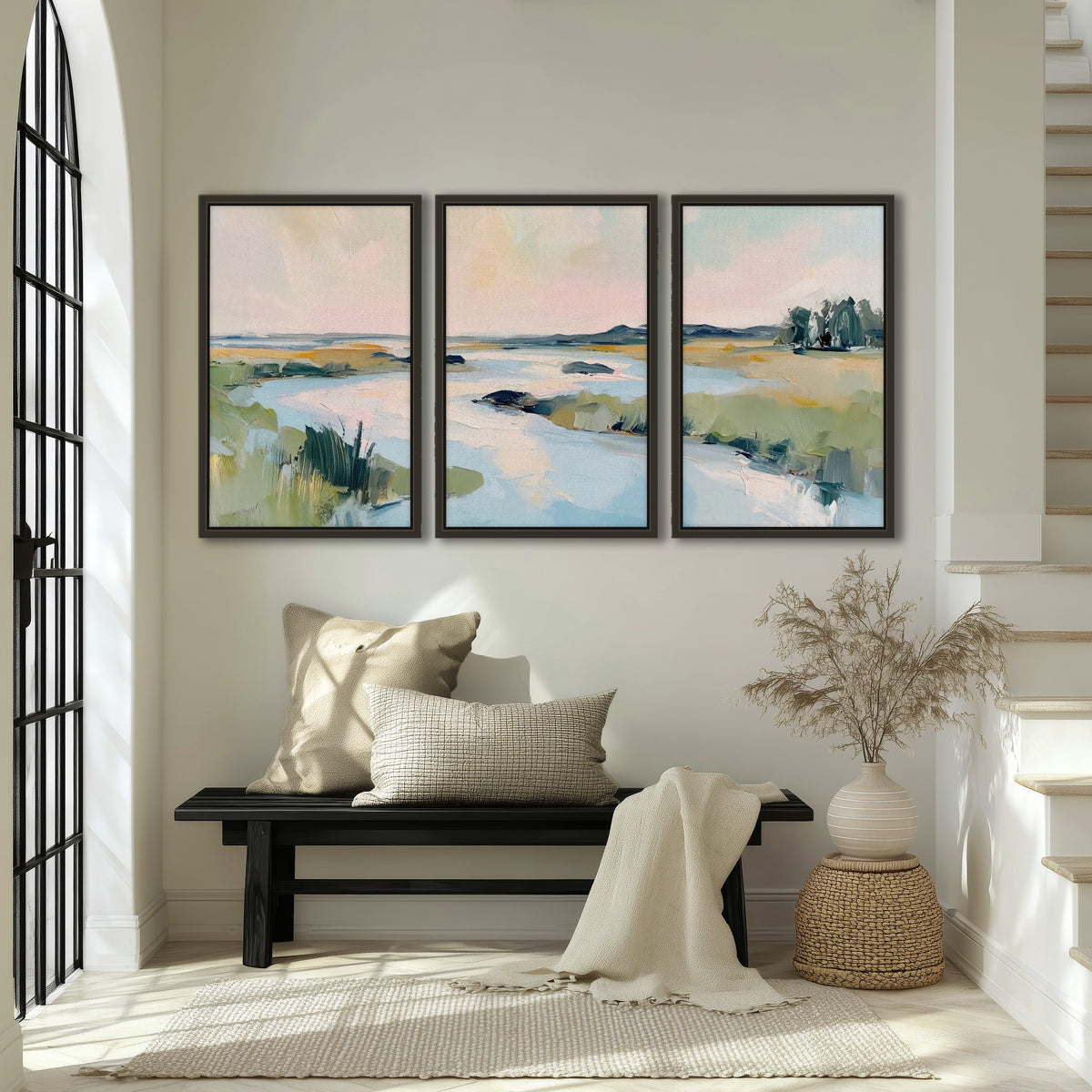 Pastel marsh river painting 3 piece framed canvas in an entryway above a bench