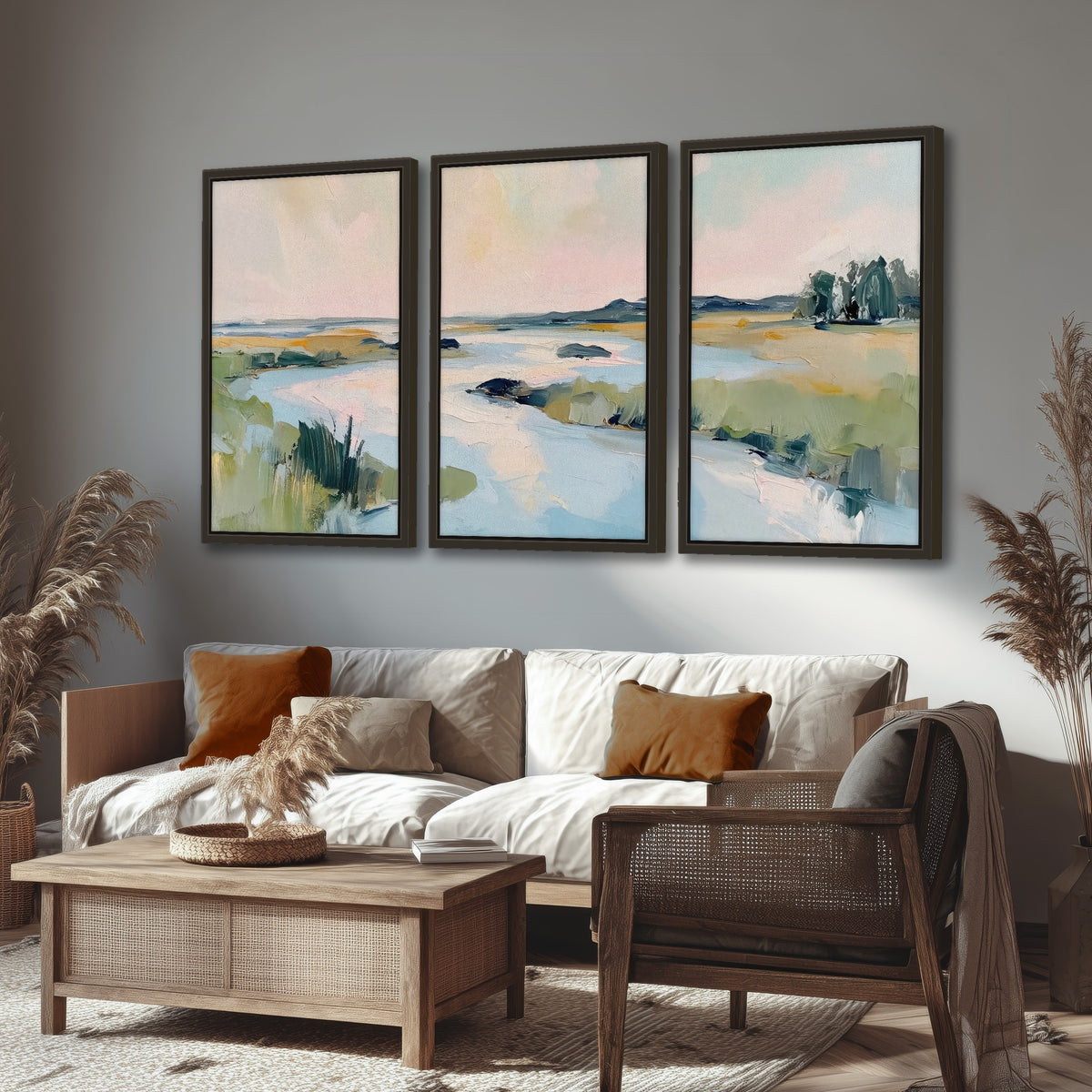 Pastel marsh river painting 3 piece framed canvas in a rustic living room