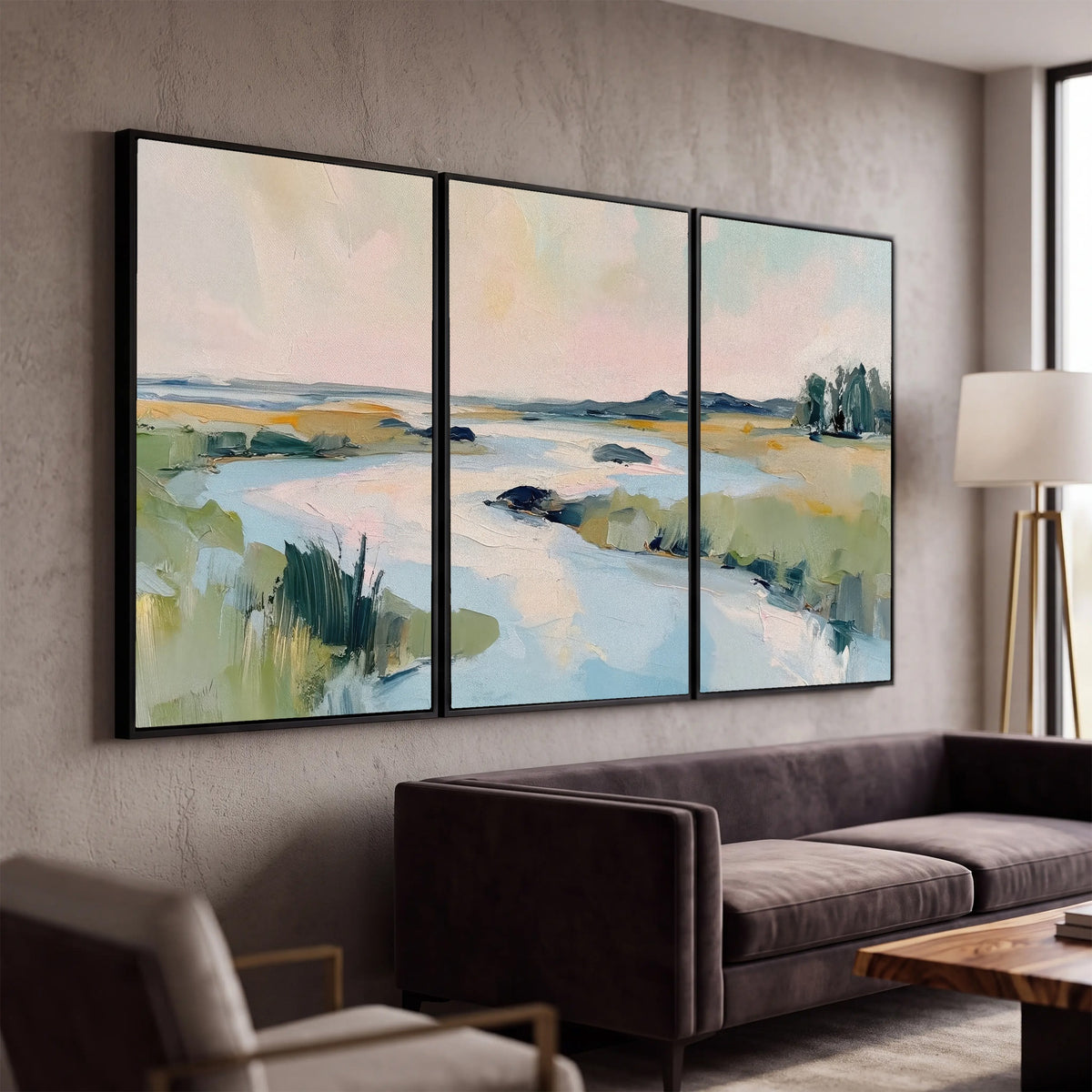 Pastel marsh river painting 3 piece framed canvas in a modern living room