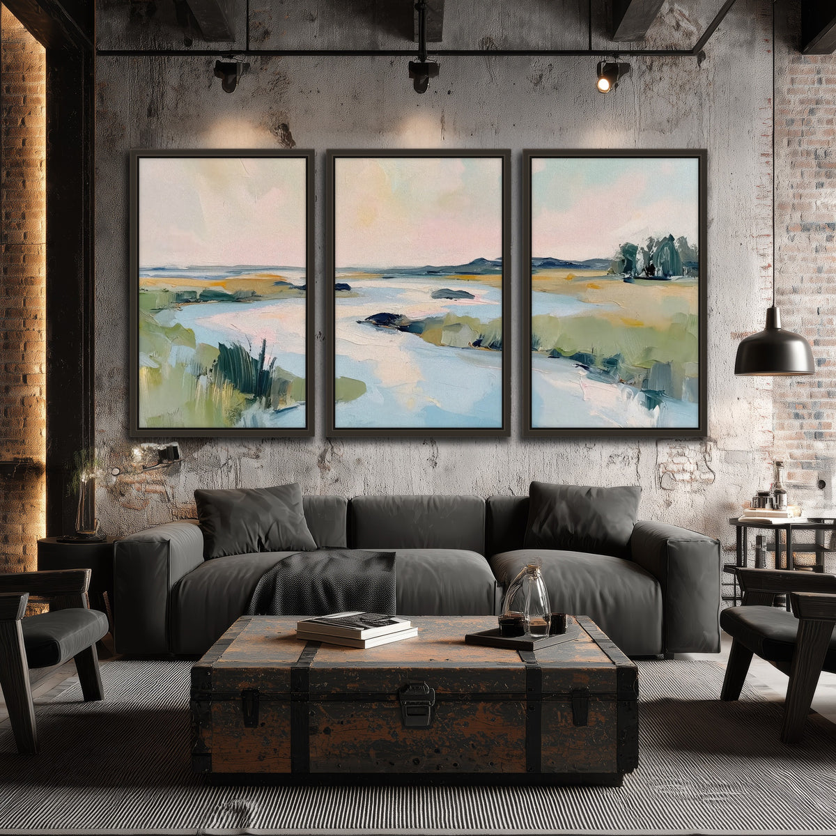 Pastel marsh river painting 3 piece framed canvas in an industrial loft