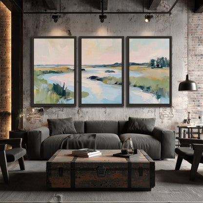 Pastel marsh river painting 3 piece framed canvas in an industrial loft