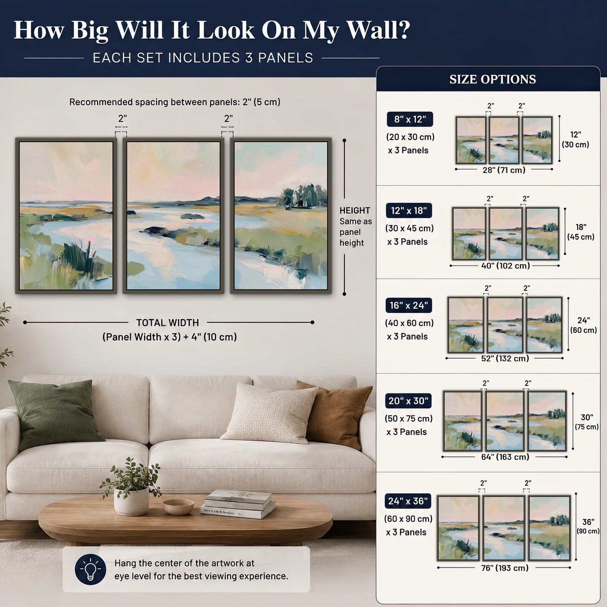 Pastel marsh river painting 3 piece framed canvas size guide above a sofa