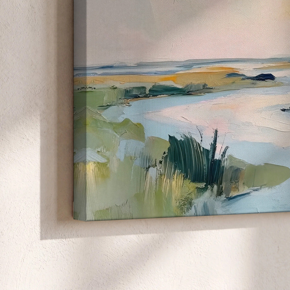 Pastel marsh river painting canvas print close-up showing the gallery-wrapped edge