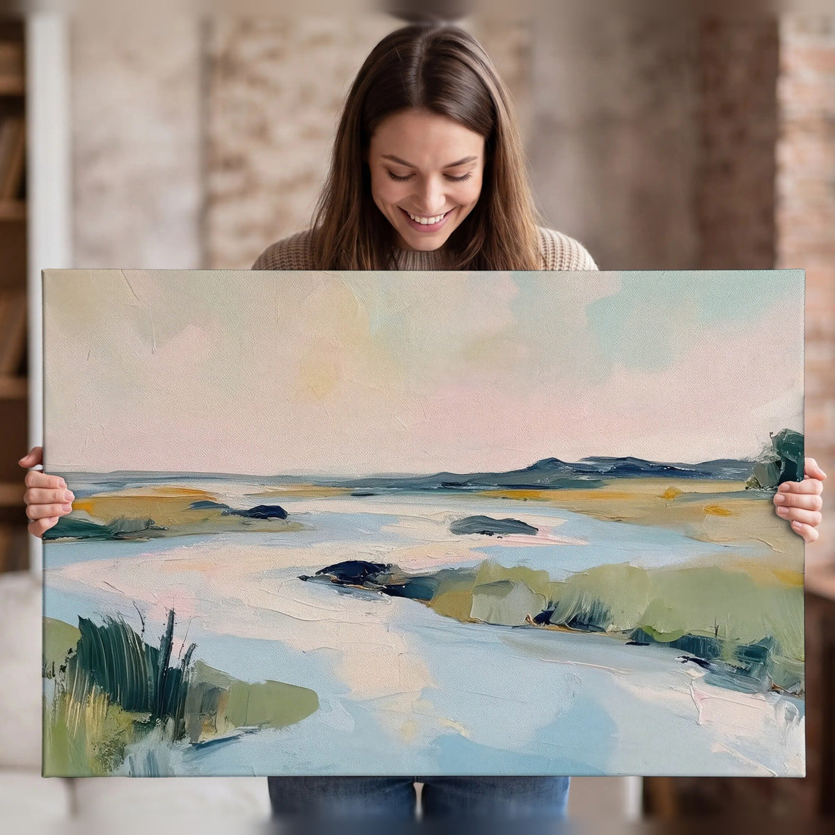 Pastel marsh river painting canvas wall art held in hands