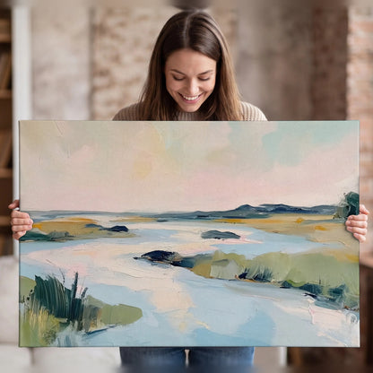 Pastel marsh river painting canvas wall art held in hands