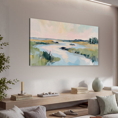 Pastel marsh river painting canvas wall art in a living room above a console