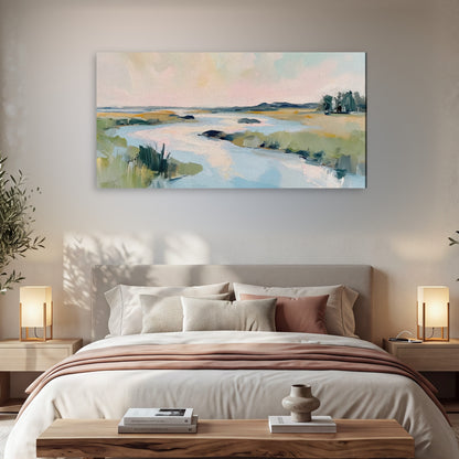 Pastel marsh river painting canvas wall art in a bedroom above the bed